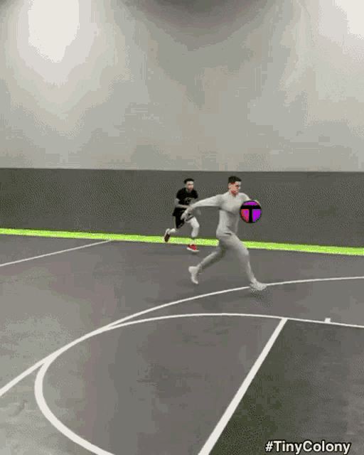 two men are playing basketball on a court with the hashtag #tinycolony on the bottom