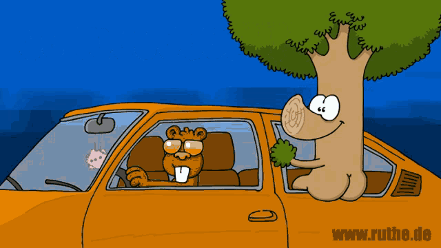 a cartoon of a bear driving a car with a tree in the back
