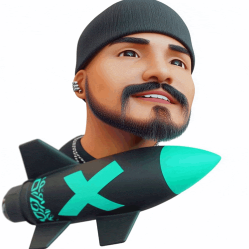 a man with a beard is holding a rocket with the letter x on the nose
