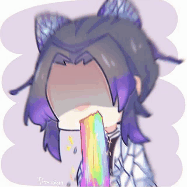 a cartoon of a girl with purple hair eating a rainbow .