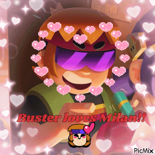 a picture of a cartoon character with the words buster loves milan on it