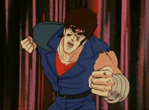 a cartoon character in a blue jacket and red shirt is making a fist
