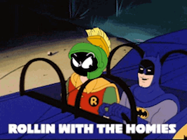 a cartoon of batman and marvin the martian riding in a car