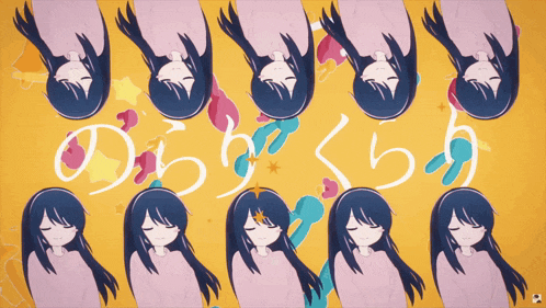 a bunch of anime girls with their eyes closed and a yellow background