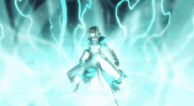 a drawing of a person with a sword in a blue lightning storm