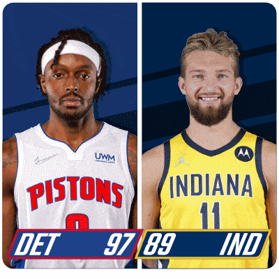 a pistons basketball player and an indiana basketball player standing next to each other