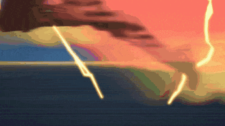 a lightning bolt strikes a person 's hand in a pixelated image