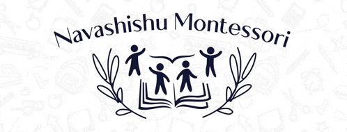 the logo for navashishu montessori shows a group of people standing next to each other on a book .