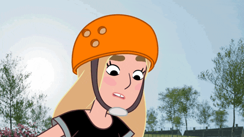 a cartoon girl wearing an orange helmet looks tired