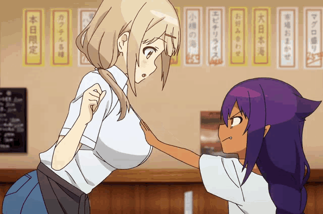 two anime girls standing next to each other in front of a menu with japanese writing