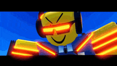 a yellow cartoon character wearing headphones and sunglasses is standing in front of a blue background .