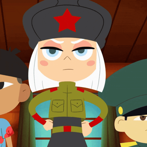 a cartoon character with white hair and a red star on her hat