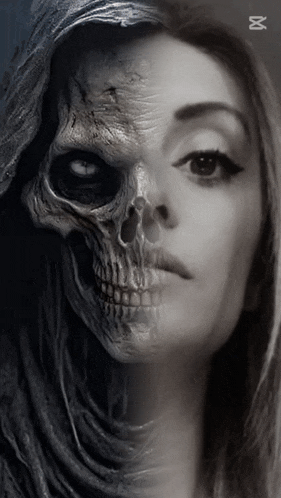 a black and white photo of a woman with a skull half on her face