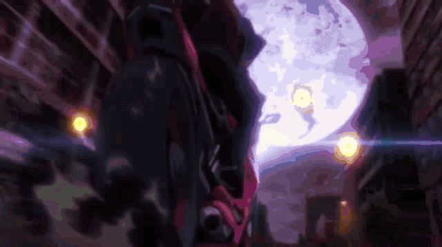 a purple background with a person standing in front of a purple moon