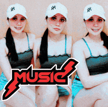 a woman wearing a ny hat sits next to a music logo