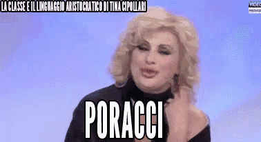 a woman with blonde hair is wearing a black turtleneck and the word poracci is on her face .