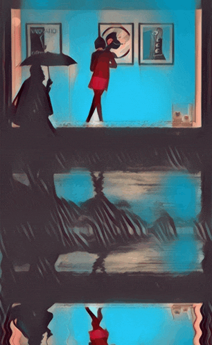 a painting of a man holding an umbrella in front of a window with a sign that says ' no entry '