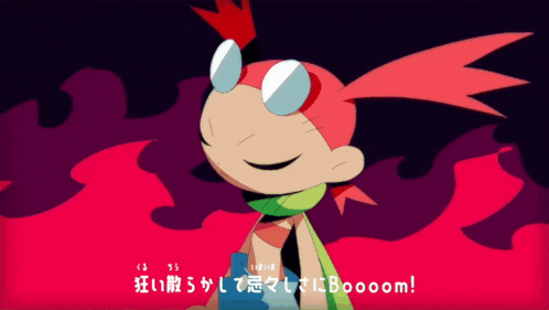 a cartoon character with a scarf around her neck says booom in a foreign language