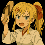 a girl with blonde hair is holding a pair of flip flops in her hand .