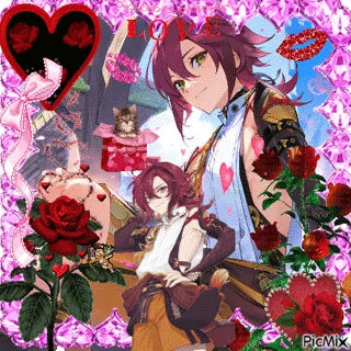 a man and a woman are surrounded by roses and hearts in a collage .