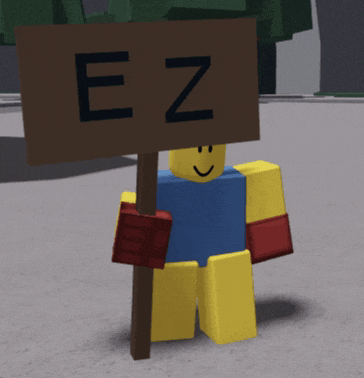 a lego character holding a sign that says ez