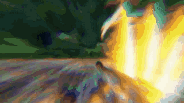 a painting of a person walking down a road