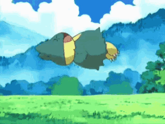 a cartoon character is flying through the air over a green field .