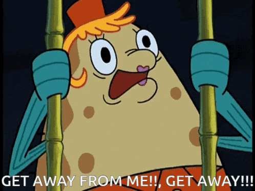 a cartoon character is behind bars and says get away from me get away