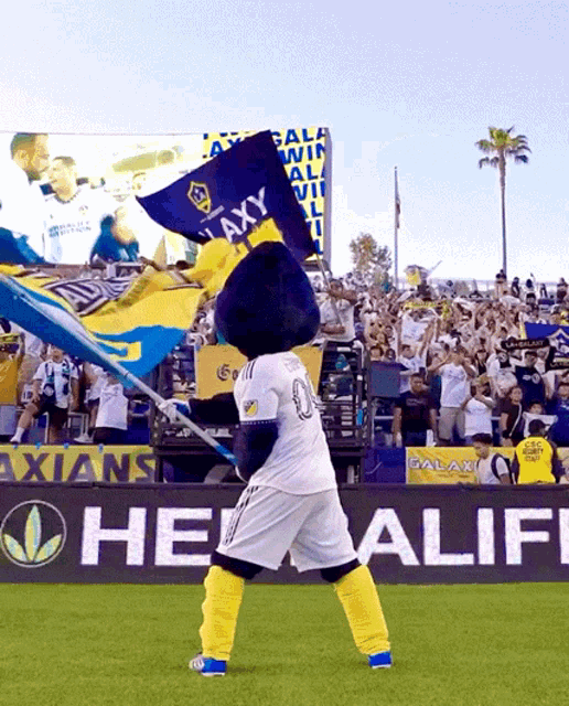 a mascot holding a flag that says " galaxy " on it