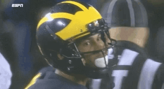 a close up of a football player wearing a helmet with the letter m on it