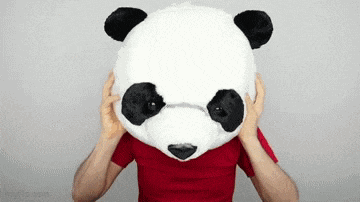 a man in a red shirt is wearing a panda mask on his head
