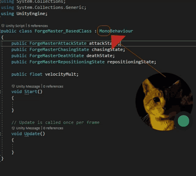 a screenshot of a unity script with a picture of a cat