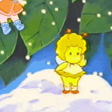 a cartoon bee is standing on a snowy surface