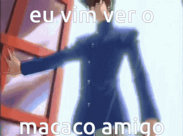 a man in a blue coat is standing in front of a red door with the words eu vim vero macaco amigo written on it