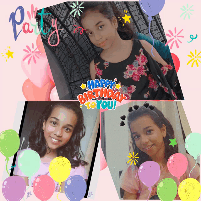a girl with balloons and the words happy birthday to you on the bottom