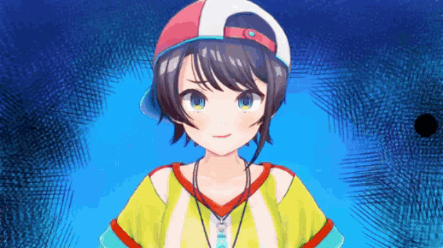 a cartoon girl wearing a hat and a necklace