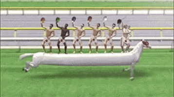 a group of men are riding on the back of a very long white horse