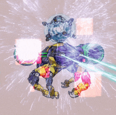 a cartoon drawing of a robot with a green jet engine