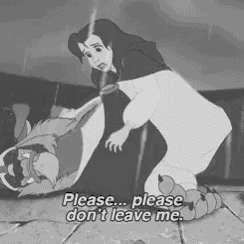 a black and white photo of a cartoon character saying please please don 't leave me .