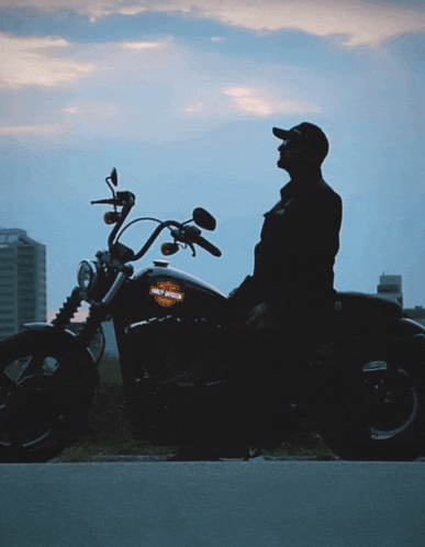 a man sits on a harley davidson motorcycle on the side of the road