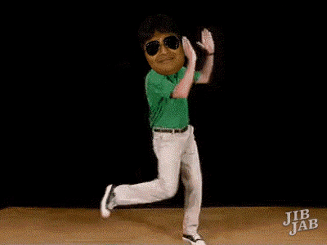 a man in a green shirt and white pants is dancing with jib jab written on the bottom