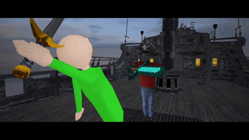 a computer generated image of a man holding a sword and another man holding a sword