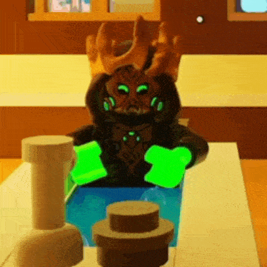 a lego figure is sitting in a bathtub with glowing green gloves and a crown on his head .