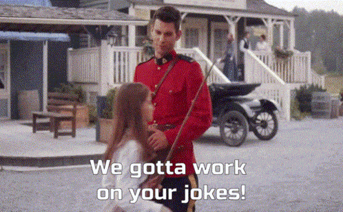 a man in a red uniform is standing next to a little girl and saying `` we gotta work on your jokes '' .