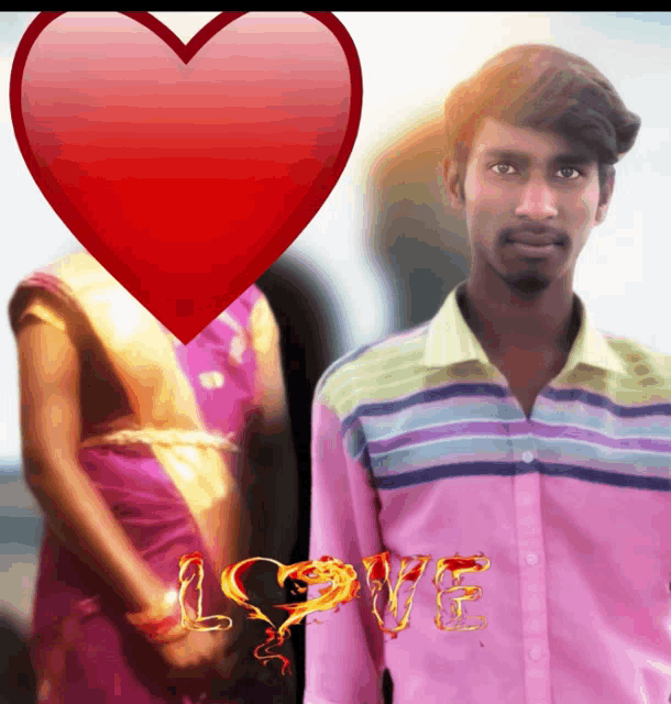 a man in a pink shirt stands next to a woman in front of a red heart with the word love on it