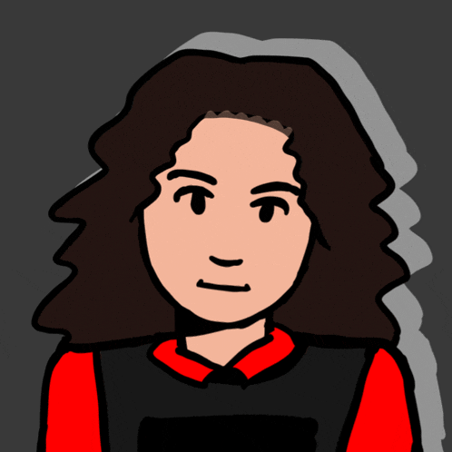 a cartoon drawing of a woman with curly hair wearing a red shirt