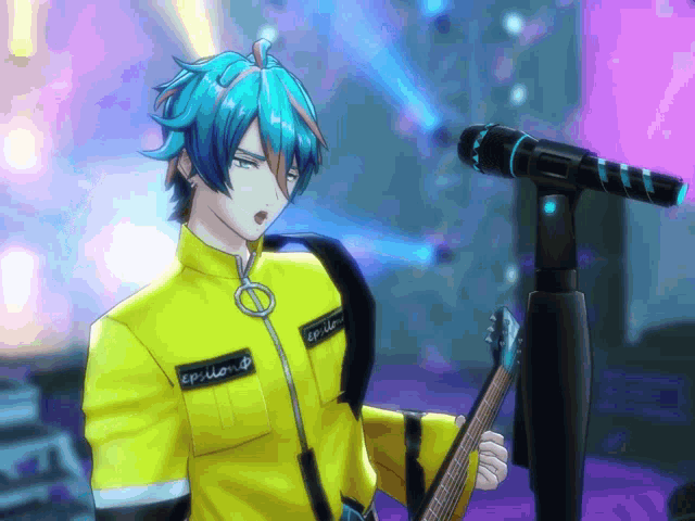 a blue haired anime character is holding a guitar and singing into a microphone while wearing a yellow jacket that says epiworld