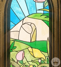 a stained glass window shows a landscape with flowers and trees