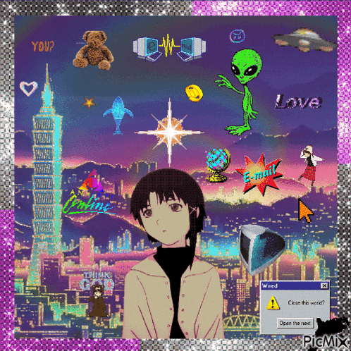 a picture of a girl surrounded by a bunch of icons including one that says wired