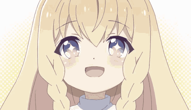a girl with blonde hair and blue eyes is smiling and looking up
